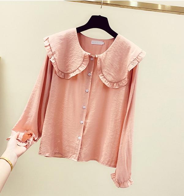 2020 Spring New Women's Fashion Peter Pan Collar Slim Shirt Long Sleeve Casual Style Cotton Blouse Female Tops T9D730O