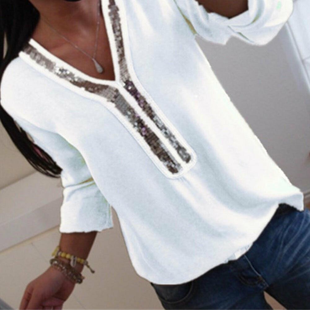 Hot Plus Size Sequin Chiffon Boho Blouse Women Solid Color V Neck Long Sleeve Casual Loose Tee Office Ladies Streetwear Shirt