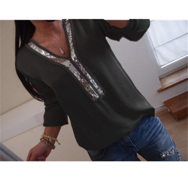 Hot Plus Size Sequin Chiffon Boho Blouse Women Solid Color V Neck Long Sleeve Casual Loose Tee Office Ladies Streetwear Shirt