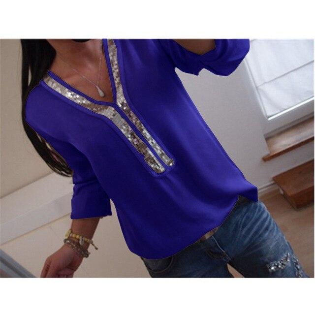 Hot Plus Size Sequin Chiffon Boho Blouse Women Solid Color V Neck Long Sleeve Casual Loose Tee Office Ladies Streetwear Shirt