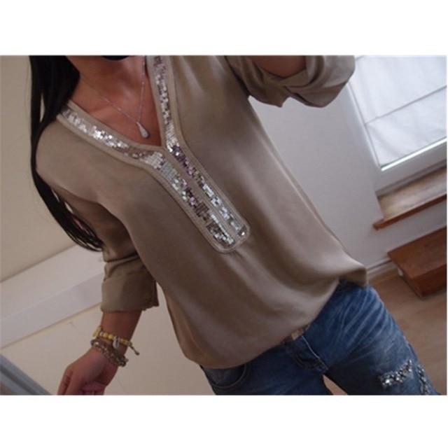 Hot Plus Size Sequin Chiffon Boho Blouse Women Solid Color V Neck Long Sleeve Casual Loose Tee Office Ladies Streetwear Shirt