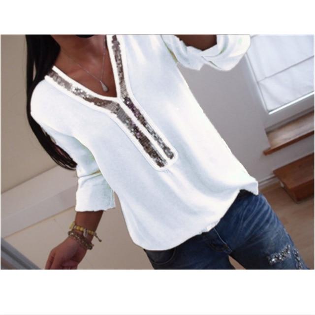 Hot Plus Size Sequin Chiffon Boho Blouse Women Solid Color V Neck Long Sleeve Casual Loose Tee Office Ladies Streetwear Shirt