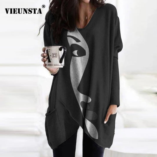 Vintage Abstract Printed Long Sleeve Shirt Women Elegant V Neck Loose Long Tops Blouse Autumn Pockets Irregular Oversized Shirts