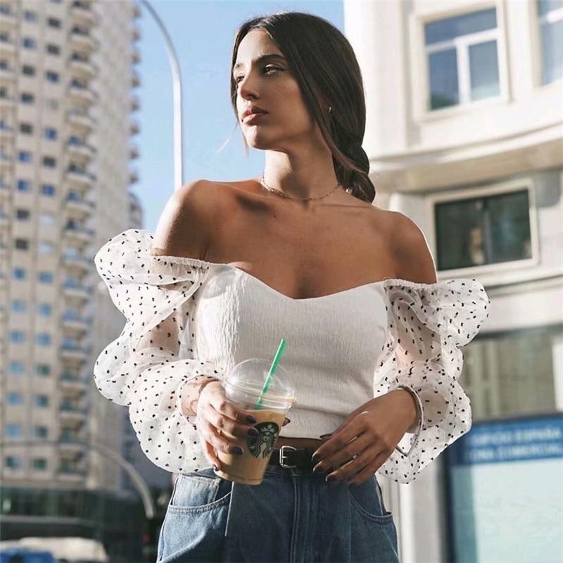 Stylish sexy slim crop women top transparent mesh patchwork sleeve V collar backless chic shirt stretchy white short blouse