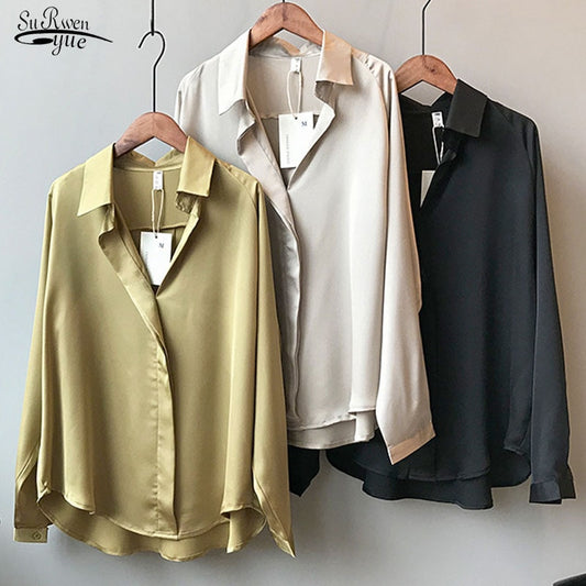 2020 Summer Autumn Casual Blouse Women Fashion Long Sleeves Tops Vintage Femme V Neck Shirts Elegant Sexy Silk Blouse 5273