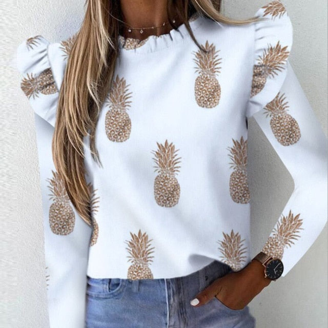 Elegant Pineapple Heart Print Ruffle blouse shirts Office Lady 2020 Summer Short Sleeve Slim Blouses women 3XL Casual O-neck top