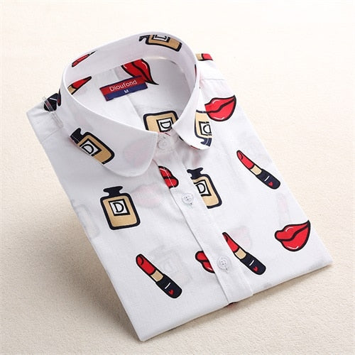 Dioufond White Navy Lips Print Women Blouses Long Sleeve Ladies Office Blouse Shirt  Casual Button Down Blusa 2017 Spring