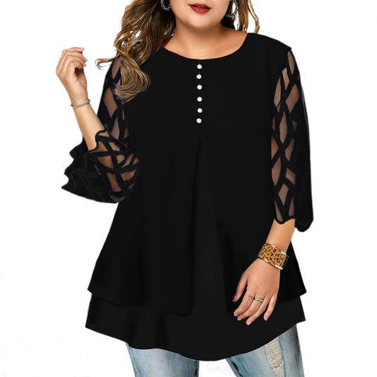6XL Geometric Translucent Sleeve Plus Size Blouse Casual Button Womens Tops Blouses Ruffled Long Sleeve Shirts Blusas D30