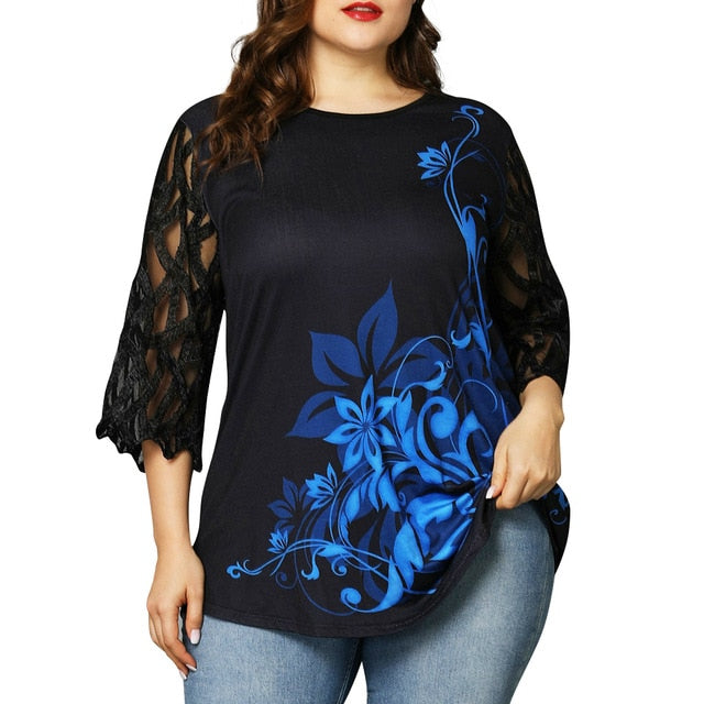6XL Geometric Translucent Sleeve Plus Size Blouse Casual Button Womens Tops Blouses Ruffled Long Sleeve Shirts Blusas D30