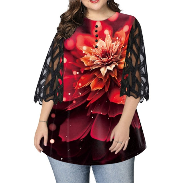 6XL Geometric Translucent Sleeve Plus Size Blouse Casual Button Womens Tops Blouses Ruffled Long Sleeve Shirts Blusas D30