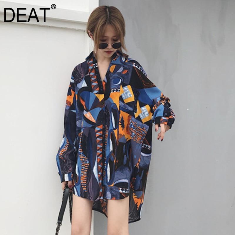 [DEAT] 2020 Spring New Fashion Turn Down Collar Loose Print Long Sleeve Printed Long Shirt Women's Blouse Famle Free Size WB024