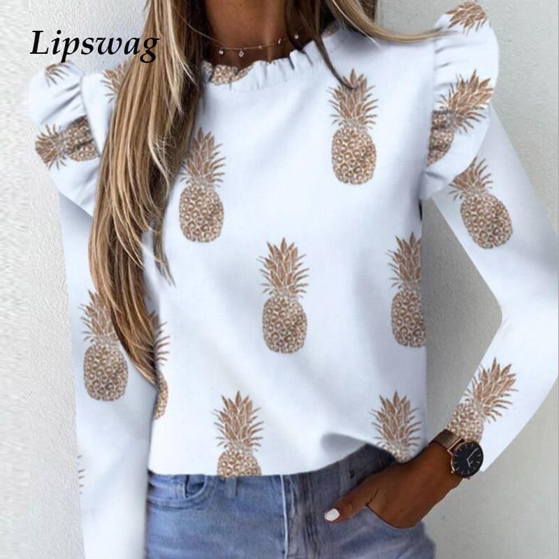 Women Elegant Pineapple Striped Print Ruffle blouse shirts Office Lady New Summer Short Sleeve Slim Blouses Casual O-neck tops