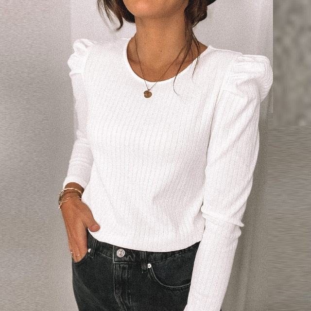 Fashion Women Slim Ruffle Shirt Blouse Office Lady Casual O Neck Ribbed Tops Pullover Autumn Winter Butterfly Long Sleeve Blusas