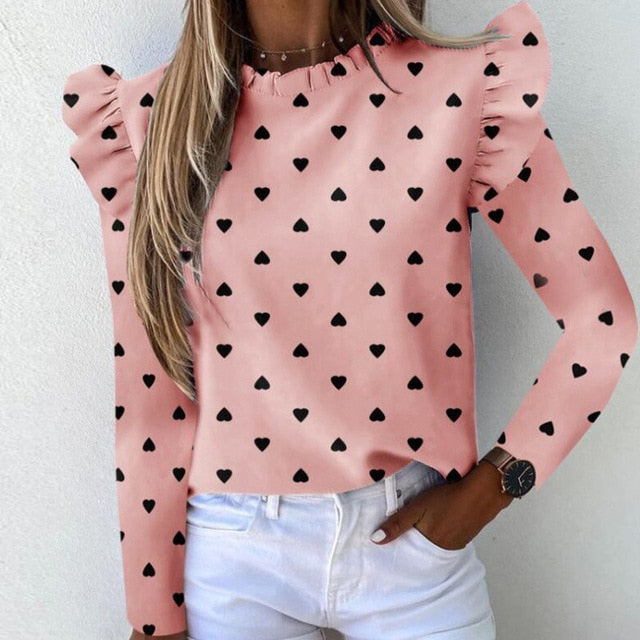 Autumn Elegant Lily Print Ruffle Ladies Blouse Long Sleeve O Neck Women Slim Pullover Tops Streetwear Plus Size Soft Shirt Blusa