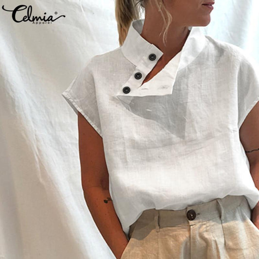 Celmia Stylish Tunic Tops Plus Size Women Short Sleeve Summer Blouses Buttons Solid Cotton Linen Shirt Casual Loose Blusas Femme