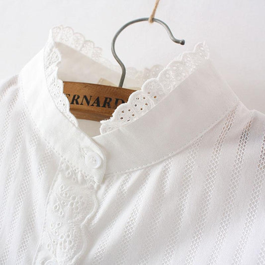 Women Lace White Shirts Summer Spring Long-sleeve Ruffle 100% Cotton Slim Soft Blouse Tops 0.15 Kg