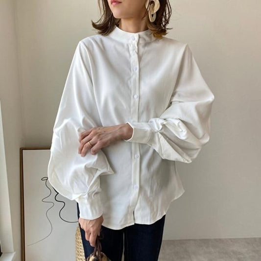 Office Casual White Korean Blouse Shirt Women Clothing Ladies Stand Collar Solid Lantern Long Sleeve Spring Tops Long Blouses