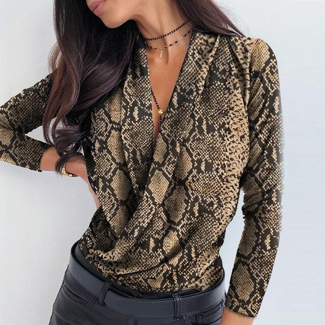 Sexy Deep V-Neck Blouse Print Elegant Office Ladies Pullover Shirt Casual Women Autumn Winter Long Sleeve Tops Blusas Streetwear