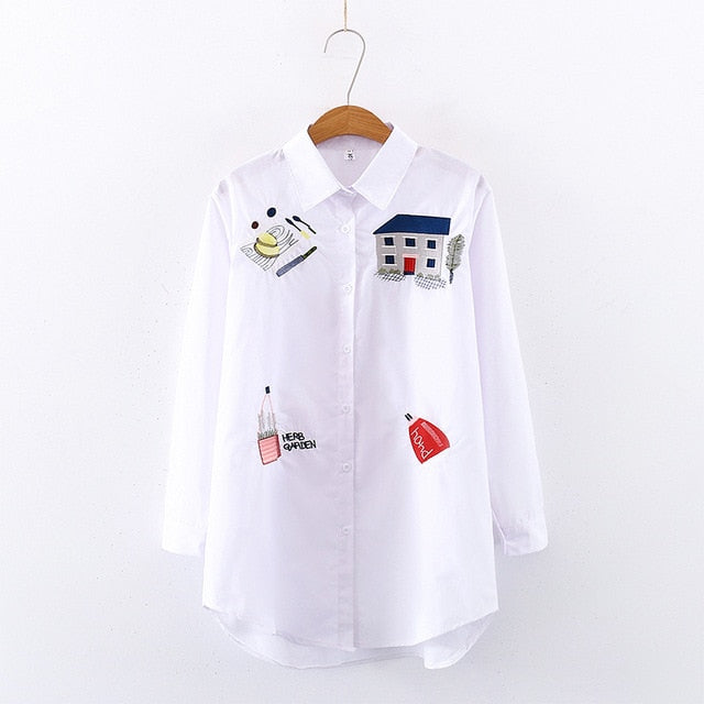 2020 NEW White Shirt Casual Wear Button Up Turn Down Collar Long Sleeve Cotton Blouse Embroidery Feminina HOT Sale T8D427M