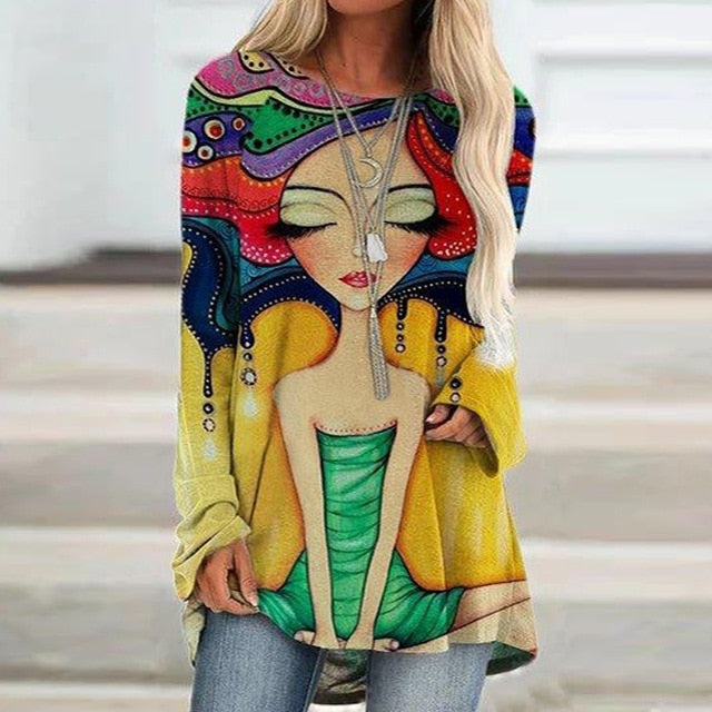Vintage Abstract Face Printed V Neck Blouse Shirt Women Autumn Long Sleeve Irregular Tops Pullover Casual Loose Harajuku Blouses