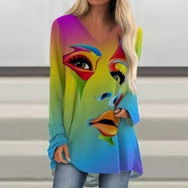 Vintage Abstract Face Printed V Neck Blouse Shirt Women Autumn Long Sleeve Irregular Tops Pullover Casual Loose Harajuku Blouses