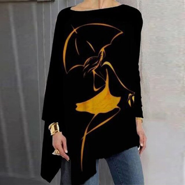Vintage Abstract Face Printed Irregular Shirt Women O Neck Long Sleeve Autumn Blouse Casual Loose Oversize Pullover Harajuku Top