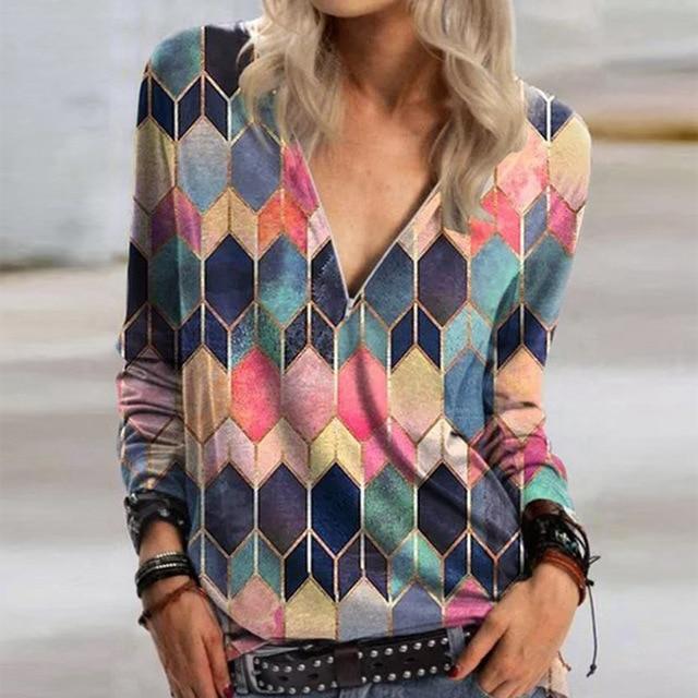 Women Elegant Floral Print Blouse Shirts 2020 Autumn V-Neck Button Long Sleeves Tops Ladies Office Casual Streetwear Blusas 5XL