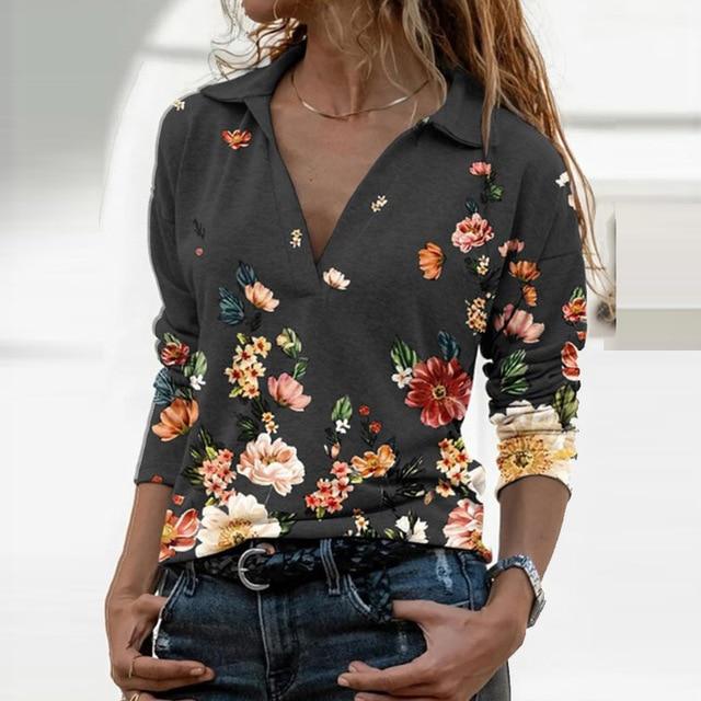 Women Landscape Pattern Print Blouse Shirt Elegant Autumn Turn-Down Collar Pullover Tops Casual Loose Plus Size Streetwear Blusa