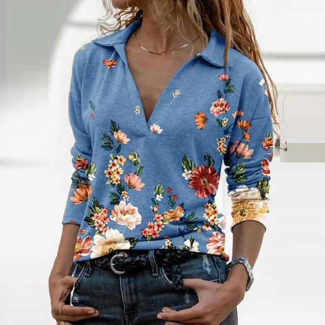 Women Landscape Pattern Print Blouse Shirt Elegant Autumn Turn-Down Collar Pullover Tops Casual Loose Plus Size Streetwear Blusa