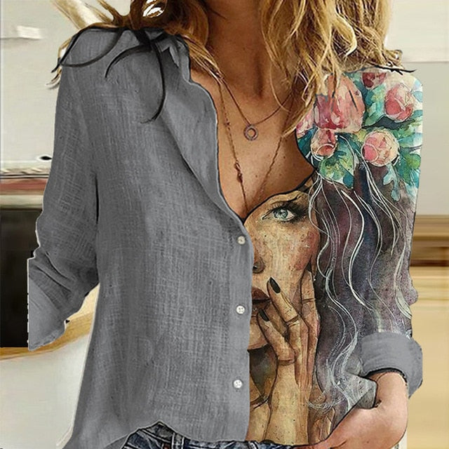 Casual Cute Cats Print Autumn Blouse Shirts Women Vintage Button Turn-Down Collar Tops Office Lady Elegant Long Sleeve Blusa 5XL