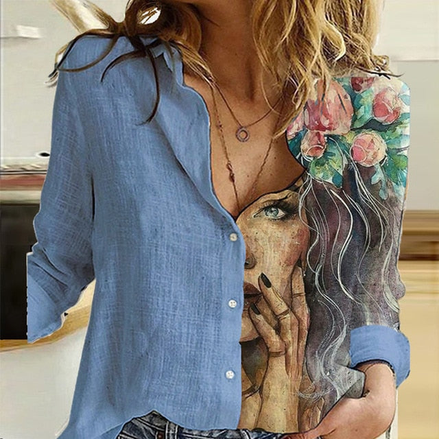 Casual Cute Cats Print Autumn Blouse Shirts Women Vintage Button Turn-Down Collar Tops Office Lady Elegant Long Sleeve Blusa 5XL