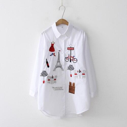 2020 New Women Embroidery Long Sleeve White Shirt Button Up Turn Down Collar Cute Cartoon Blouse Long Tops Feminina Blusas T9D62