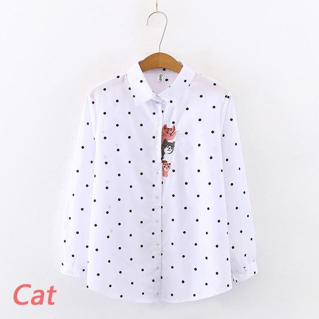 2020 New Women Embroidery Long Sleeve White Shirt Button Up Turn Down Collar Cute Cartoon Blouse Long Tops Feminina Blusas T9D62