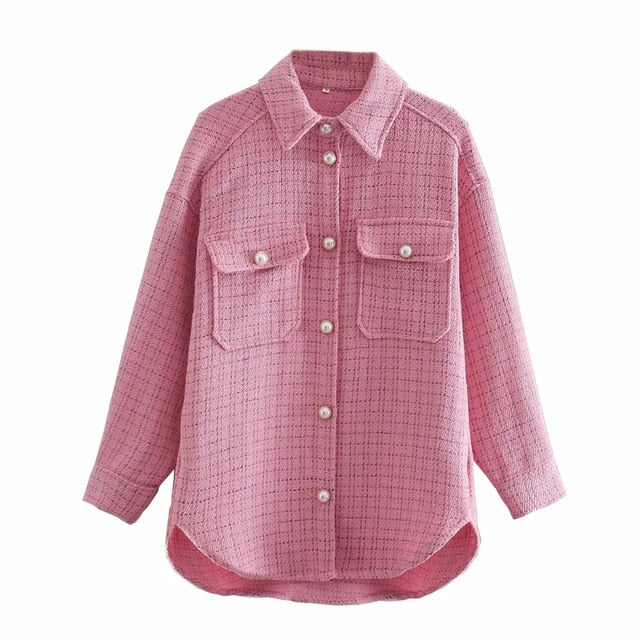 Tweed Women Pearl Button Shirts 2020 Autumn Fashion Ladies Oversize Thick Shirt Streetwear Female Outfits Cute Girls Chic Shirts