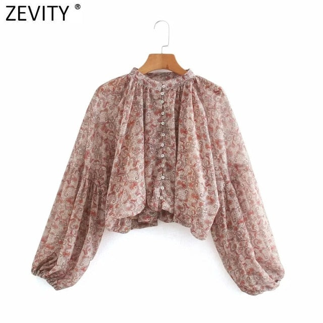 Zevity Women o neck cashew nut print casual chiffon smock blouse ladies pleats lantern sleeve shirt femininas blusas tops LS7213