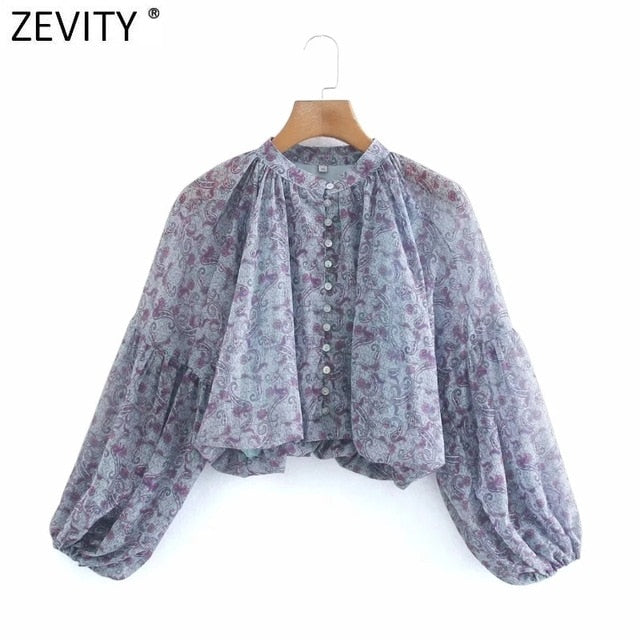 Zevity Women o neck cashew nut print casual chiffon smock blouse ladies pleats lantern sleeve shirt femininas blusas tops LS7213