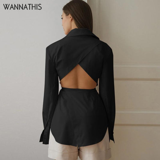 WannaThis Blouse Women Long Sleeve Hollow Out Lace up Shirts Casual Fashion Sexy Turn-down Collar Front Button Solid Autumn Top