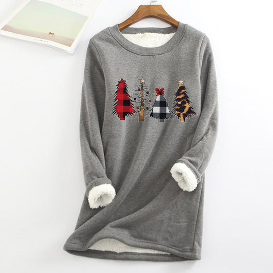 Women Fleece Sweatshirt Christmas Print gray Autumn And Winter Velvet Warm O-neck Top  Female Casual Warm blouse