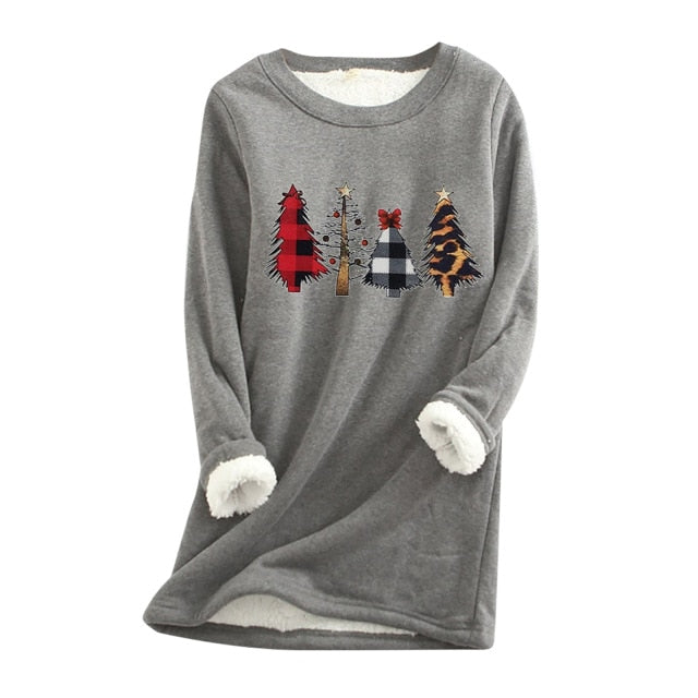 Women Fleece Sweatshirt Christmas Print gray Autumn And Winter Velvet Warm O-neck Top  Female Casual Warm blouse