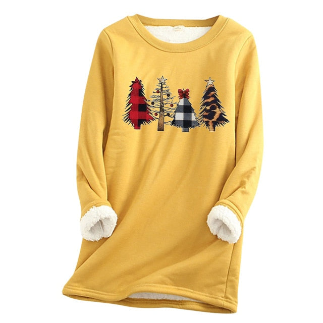 Women Fleece Sweatshirt Christmas Print gray Autumn And Winter Velvet Warm O-neck Top  Female Casual Warm blouse