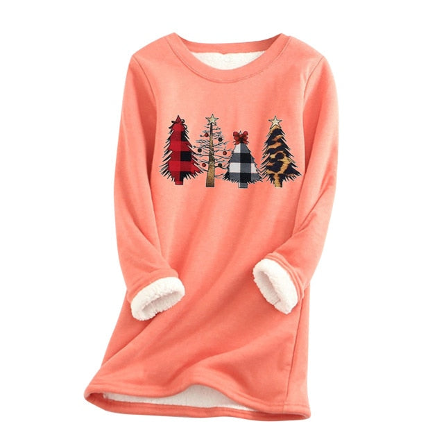 Women Fleece Sweatshirt Christmas Print gray Autumn And Winter Velvet Warm O-neck Top  Female Casual Warm blouse