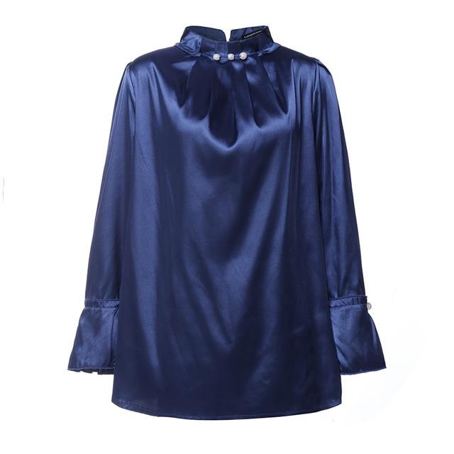 Celmia Satin Blouses Women Elegant Long Sleeve Silk Shirt Pearl Stand Collar Female Office Tops Solid Casual Blusas Plus Size