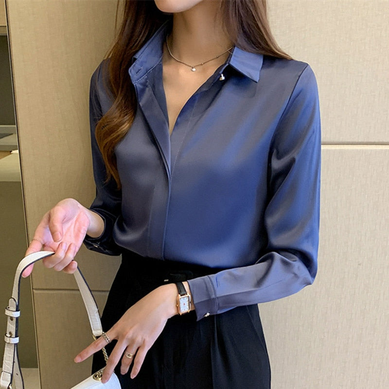 Silk Shirts Women White Shirt Women Long Sleeve Shirt Blouse Office Lady Satin Silk Blouse Tops Plus Size Woman Basic Shirt Top