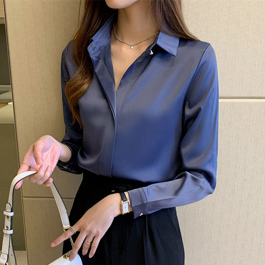 Silk Shirts Women White Shirt Women Long Sleeve Shirt Blouse Office Lady Satin Silk Blouse Tops Plus Size Woman Basic Shirt Top
