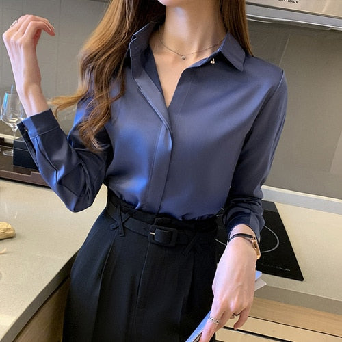 Silk Shirts Women White Shirt Women Long Sleeve Shirt Blouse Office Lady Satin Silk Blouse Tops Plus Size Woman Basic Shirt Top