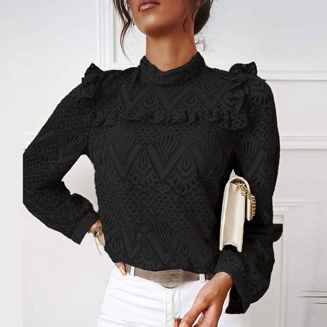 Women Elegant Long Sleeve Lace Ruffles Blouses Shirt 2020 Autumn Casual O-Neck Pullover Tops Office Lady Sexy Hollow Out Blusa