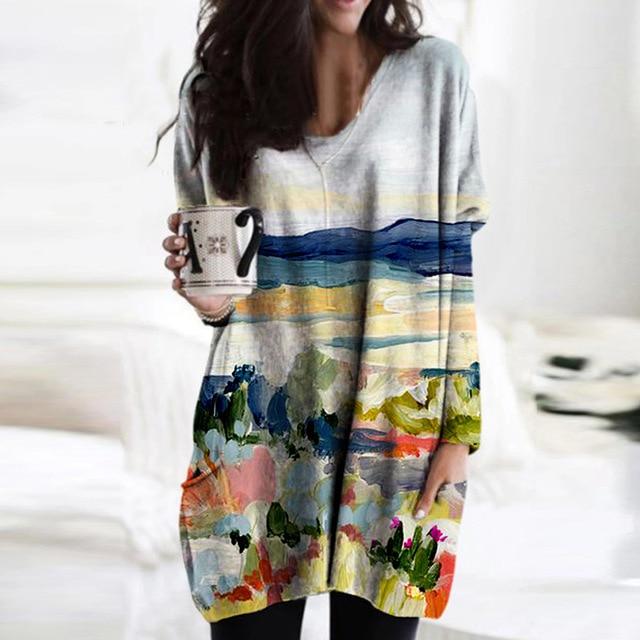 Women Elegant Mountain Print Shirt Blouse 2020 Autumn Casual Long Sleeve Pullover Tops Ladies Sexy V-Neck Loose Blusa Streetwear