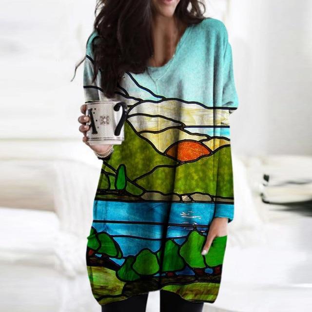 Women Elegant Mountain Print Shirt Blouse 2020 Autumn Casual Long Sleeve Pullover Tops Ladies Sexy V-Neck Loose Blusa Streetwear