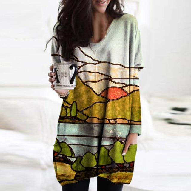 Women Elegant Mountain Print Shirt Blouse 2020 Autumn Casual Long Sleeve Pullover Tops Ladies Sexy V-Neck Loose Blusa Streetwear