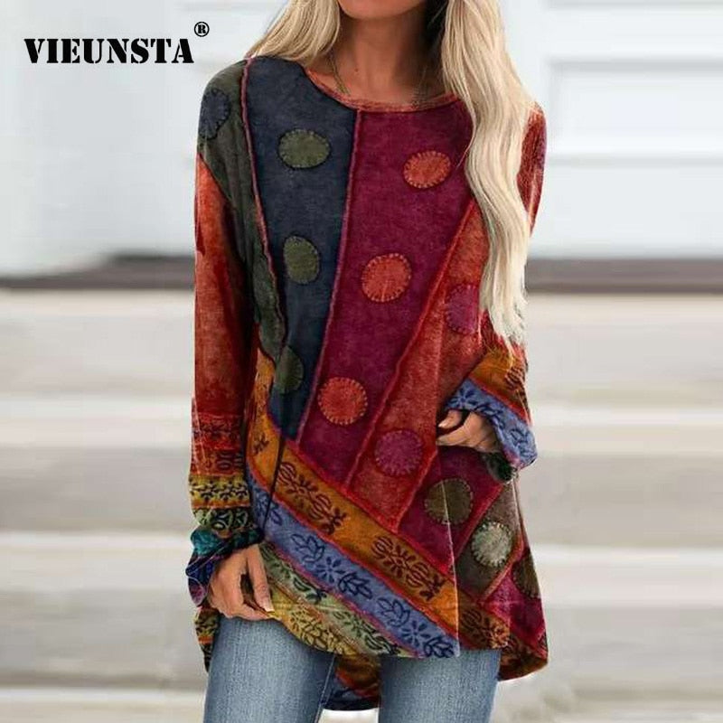 Vintage Abstract Face Printed V Neck Blouse Shirt Women Autumn Long Sleeve Irregular Tops Pullover Casual Loose Harajuku Blouses